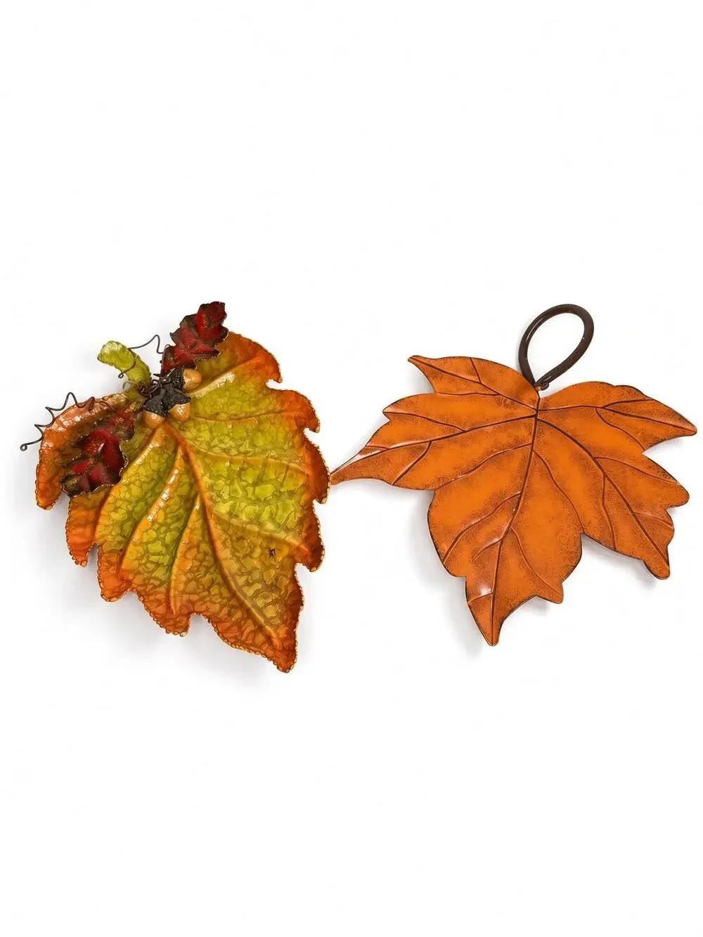 Vintage Enamel Leaf Trinket Dishes Set, Autumn Fall Decor, Metal Trays